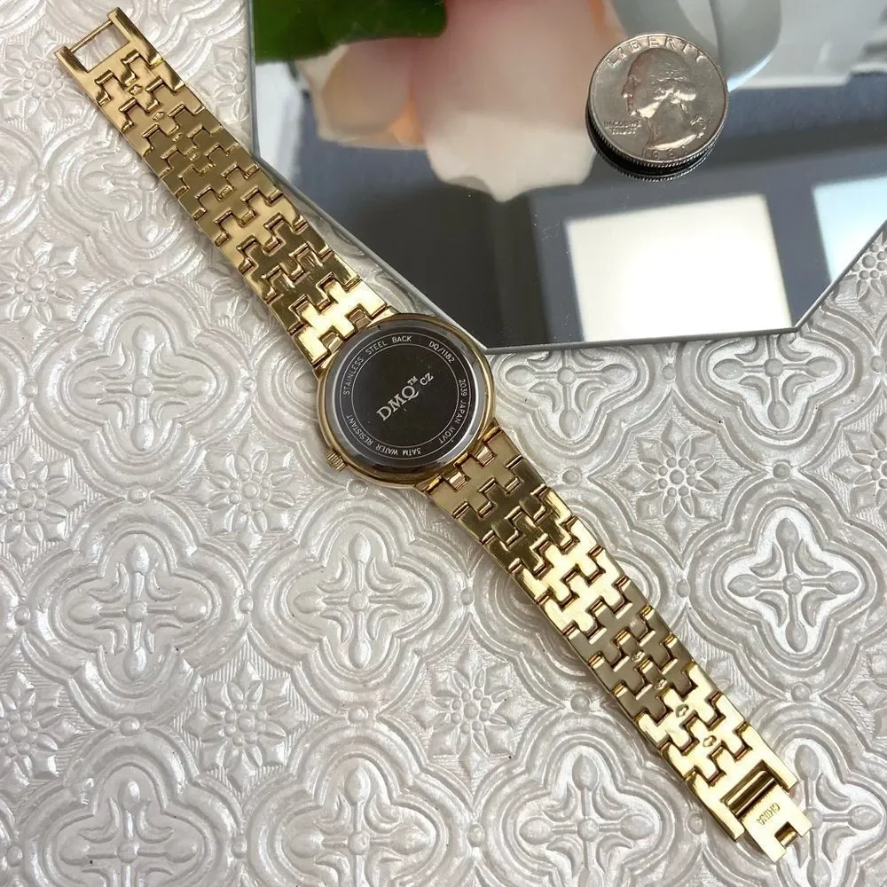 DMQ Diamonique CZ Bezel Mother of Pearl Dial Gold-Tone Dress Watch